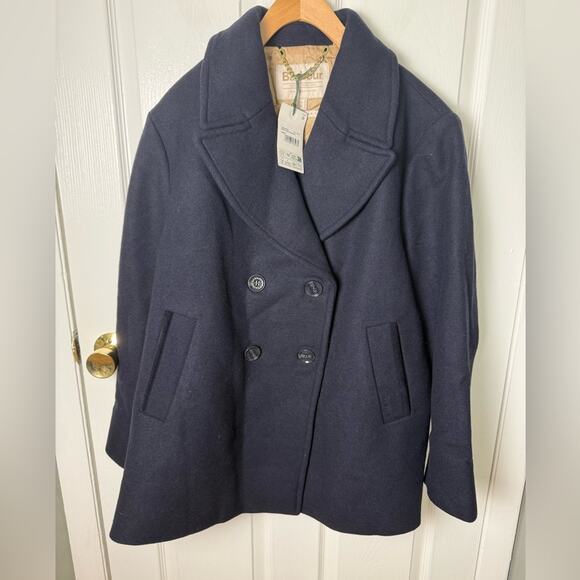 Barbour Ingrid Double Breasted Wool Blend Peacoat Navy 14 - Picture 2 of 6